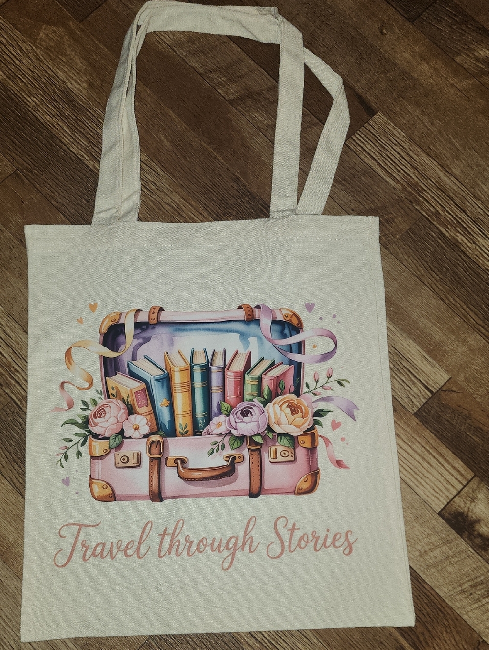 Travel Through Stories Canvas Tote Bag - Pink Accents. 13x15